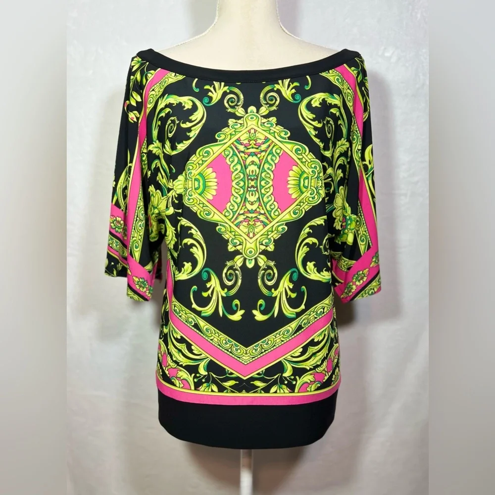 Joseph Ribkoff Baroque Blouse Size 8 Black Pink Green Boat Neck Statement Top - Picture 2 of 6